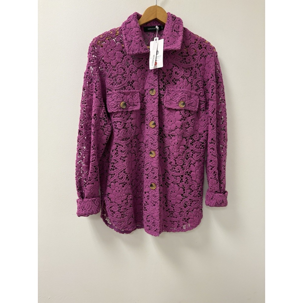 NWT Merokeety Crochet Long Sleeve Shacket Purple Button Up